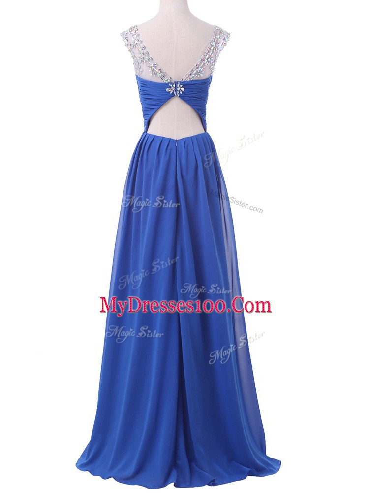 Fantastic Blue Empire Scoop Sleeveless Chiffon Floor Length Sweep Train Side Zipper Beading Dress for Prom