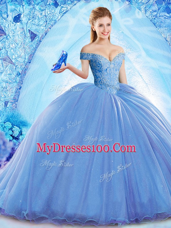 High End Blue Organza Lace Up 15 Quinceanera Dress Sleeveless Brush Train Beading