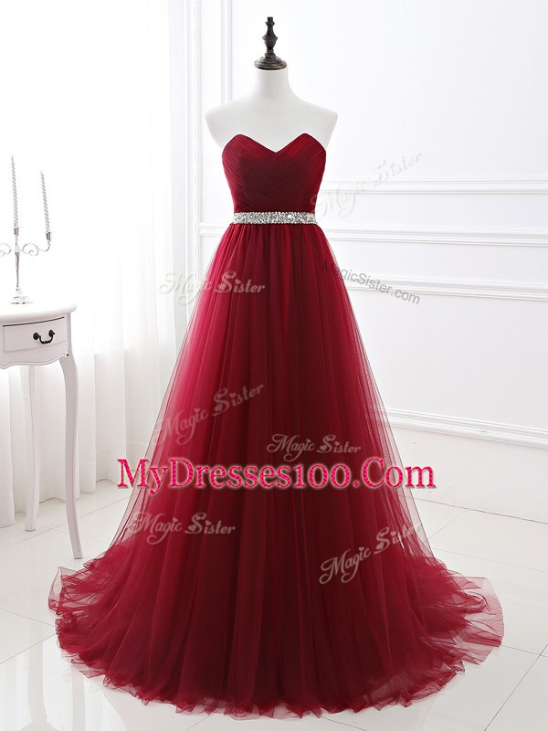 Wine Red Sleeveless Beading Lace Up Prom Dress