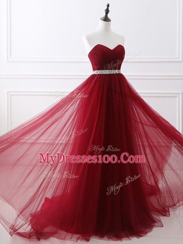 Wine Red Sleeveless Beading Lace Up Prom Dress