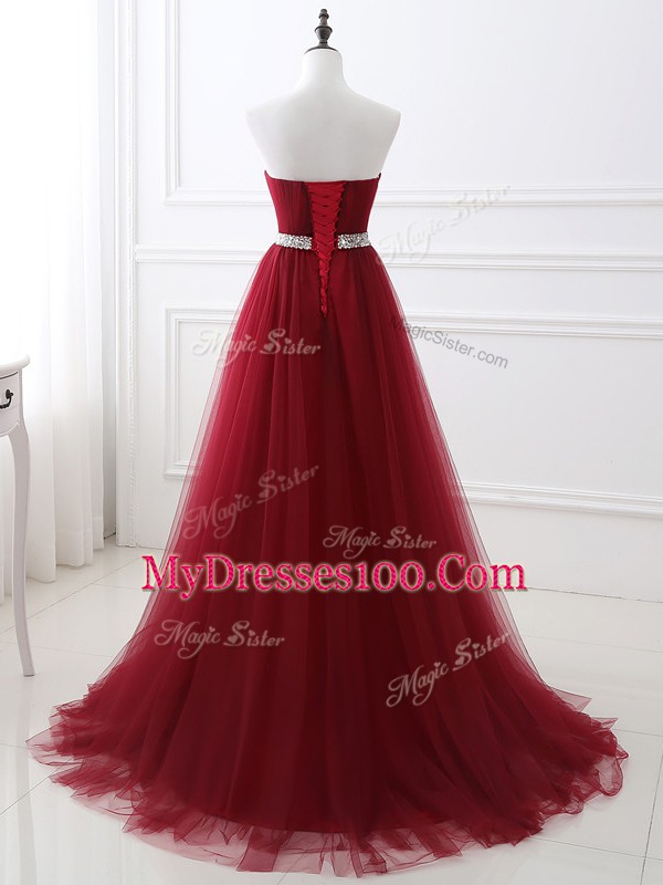 Wine Red Sleeveless Beading Lace Up Prom Dress