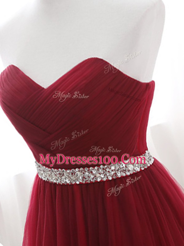 Wine Red Sleeveless Beading Lace Up Prom Dress