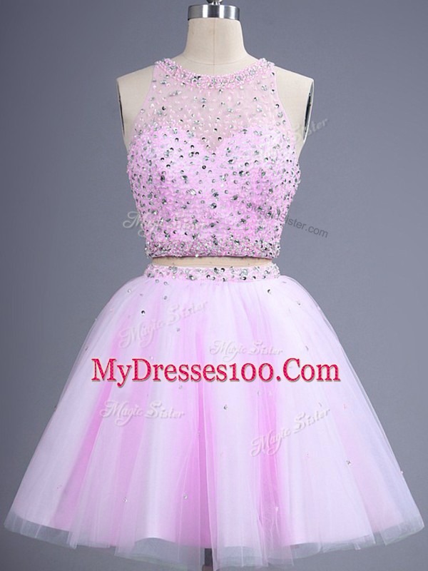 Scoop Sleeveless Tulle Wedding Guest Dresses Beading Lace Up