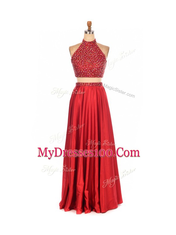 Red Two Pieces Beading Backless Elastic Woven Satin Sleeveless Floor Length