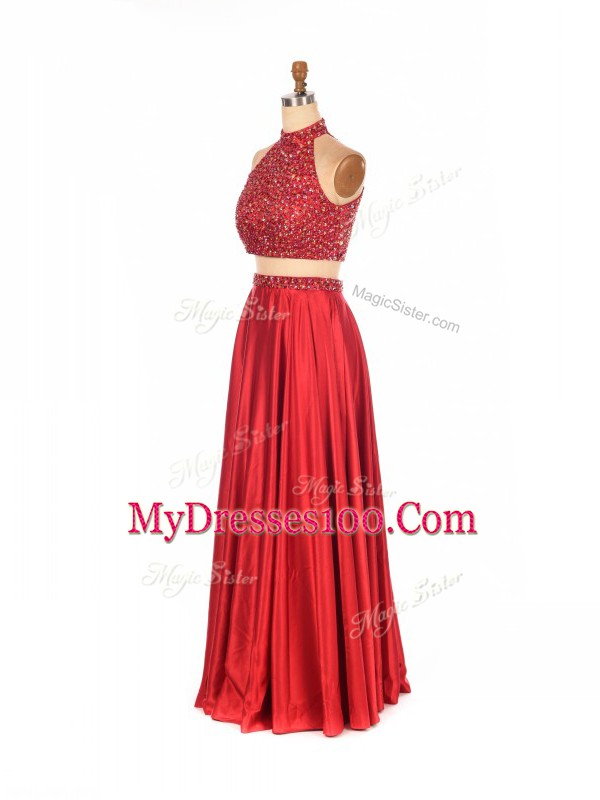 Red Two Pieces Beading Backless Elastic Woven Satin Sleeveless Floor Length