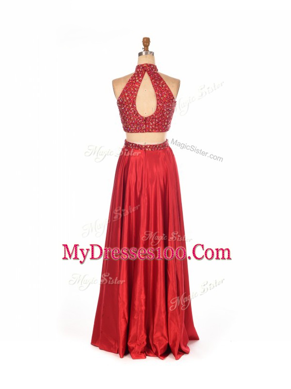 Red Two Pieces Beading Backless Elastic Woven Satin Sleeveless Floor Length