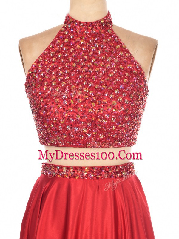 Red Two Pieces Beading Backless Elastic Woven Satin Sleeveless Floor Length