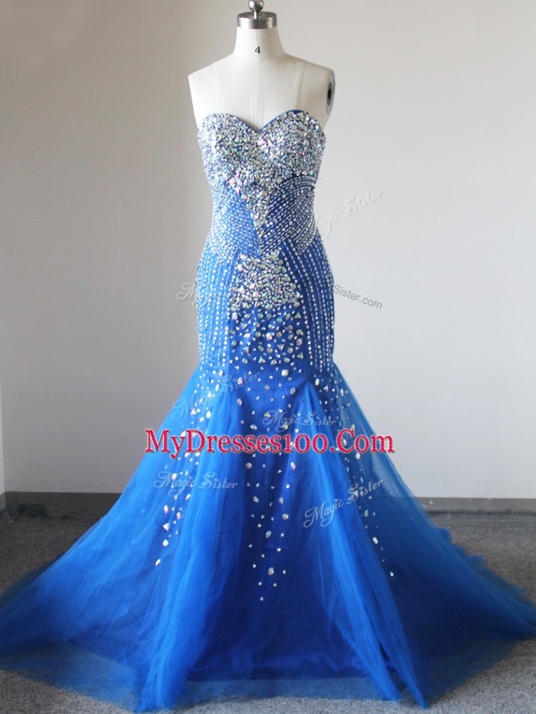 Enchanting Royal Blue Custom Made Sweetheart Sleeveless Brush Train Zipper