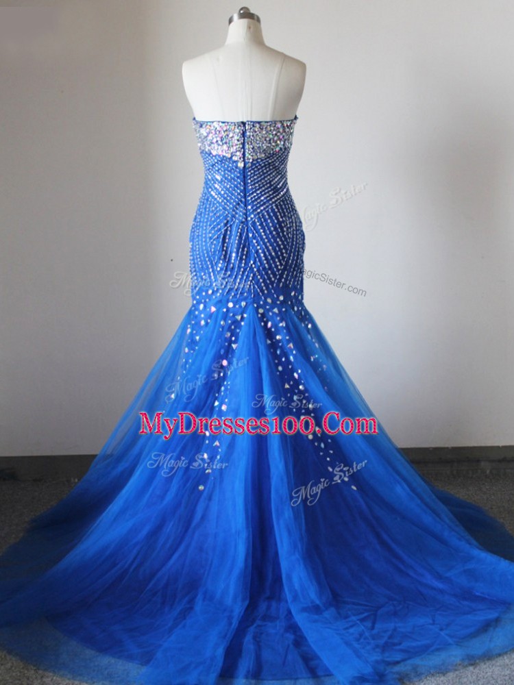 Enchanting Royal Blue Custom Made Sweetheart Sleeveless Brush Train Zipper