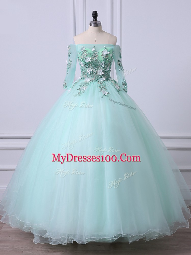 Off The Shoulder 3 4 Length Sleeve Tulle Quinceanera Dress with Jewelry Beading Lace Up