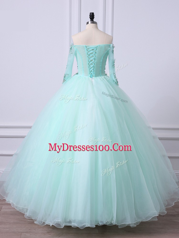 Off The Shoulder 3 4 Length Sleeve Tulle Quinceanera Dress with Jewelry Beading Lace Up