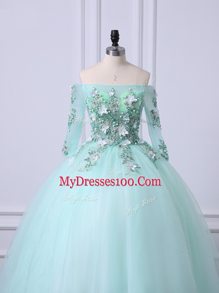 Off The Shoulder 3 4 Length Sleeve Tulle Quinceanera Dress with Jewelry Beading Lace Up