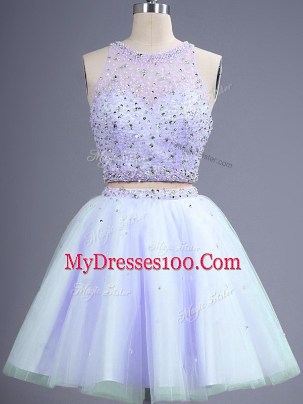 Scoop Sleeveless Lace Up Bridesmaid Gown Lavender Tulle