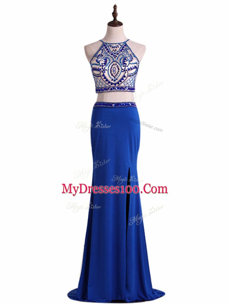 Floor Length Royal Blue Prom Evening Gown Chiffon Sleeveless Beading