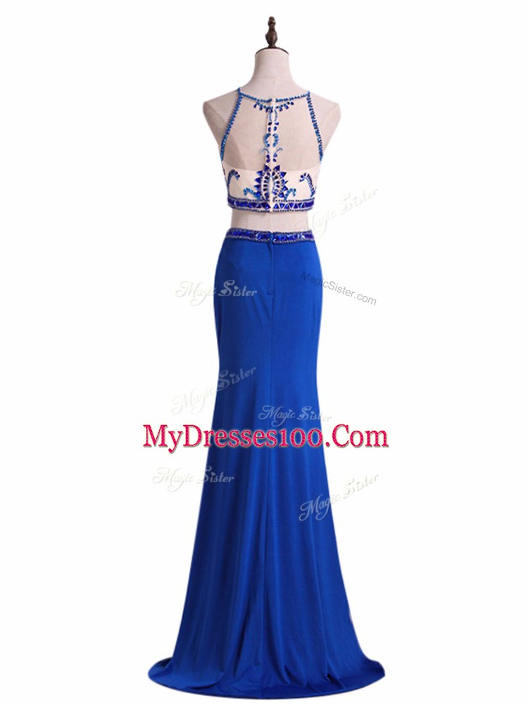 Floor Length Royal Blue Prom Evening Gown Chiffon Sleeveless Beading