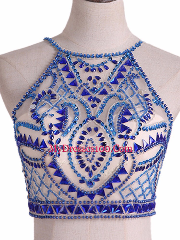 Floor Length Royal Blue Prom Evening Gown Chiffon Sleeveless Beading