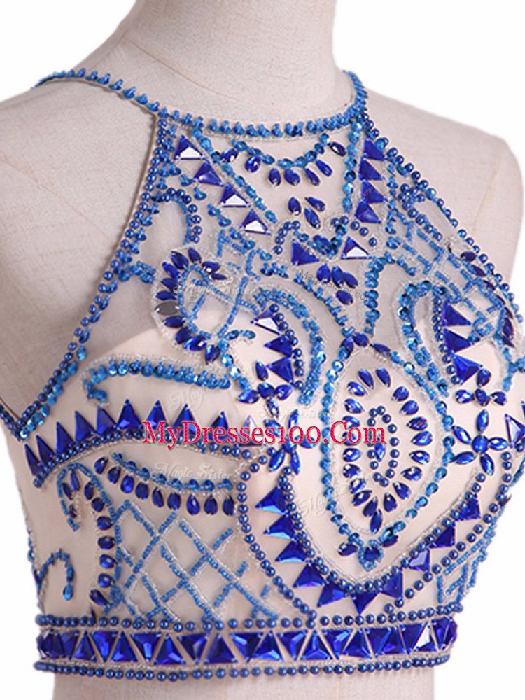 Floor Length Royal Blue Prom Evening Gown Chiffon Sleeveless Beading