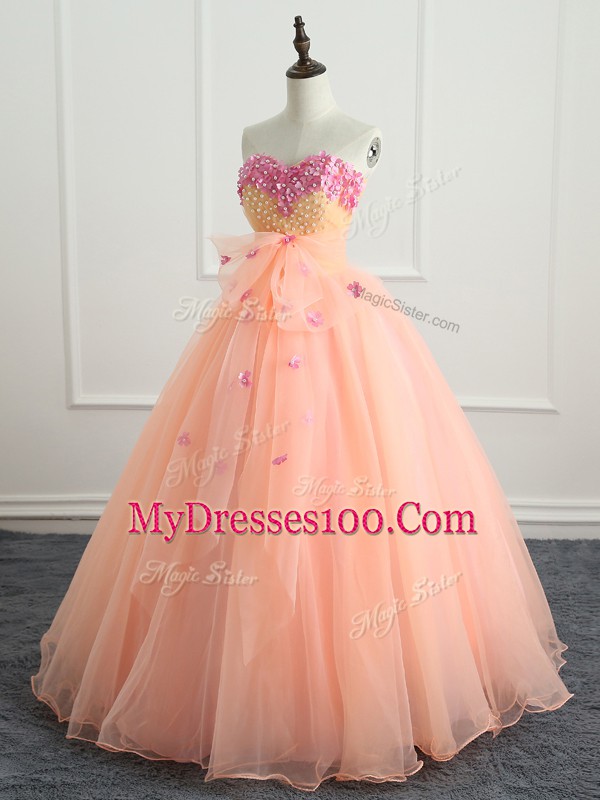 On Sale Peach Lace Up Sweetheart Beading and Appliques and Bowknot Quince Ball Gowns Organza Sleeveless