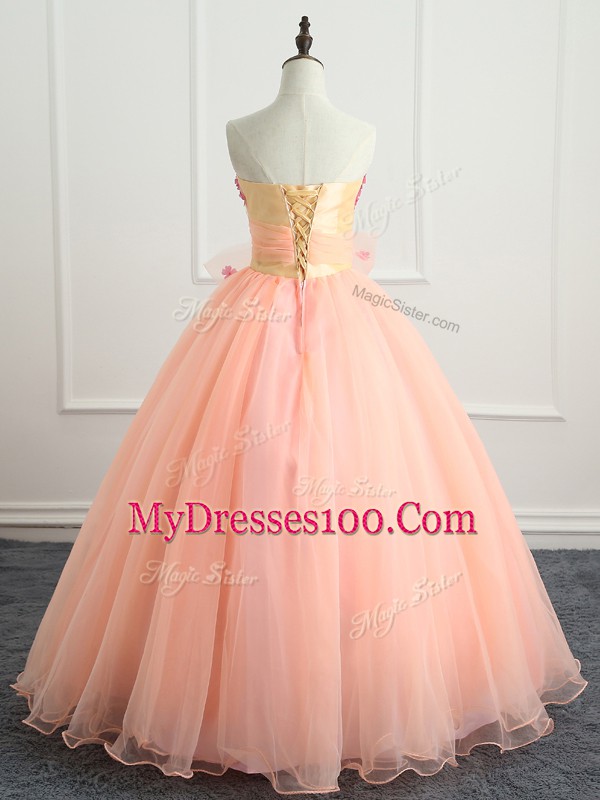 On Sale Peach Lace Up Sweetheart Beading and Appliques and Bowknot Quince Ball Gowns Organza Sleeveless