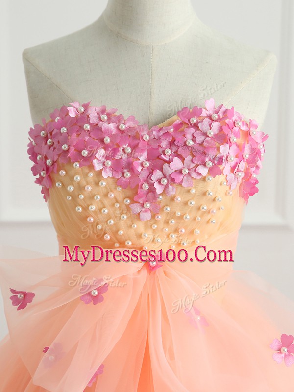 On Sale Peach Lace Up Sweetheart Beading and Appliques and Bowknot Quince Ball Gowns Organza Sleeveless