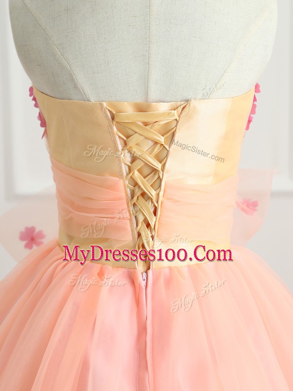 On Sale Peach Lace Up Sweetheart Beading and Appliques and Bowknot Quince Ball Gowns Organza Sleeveless
