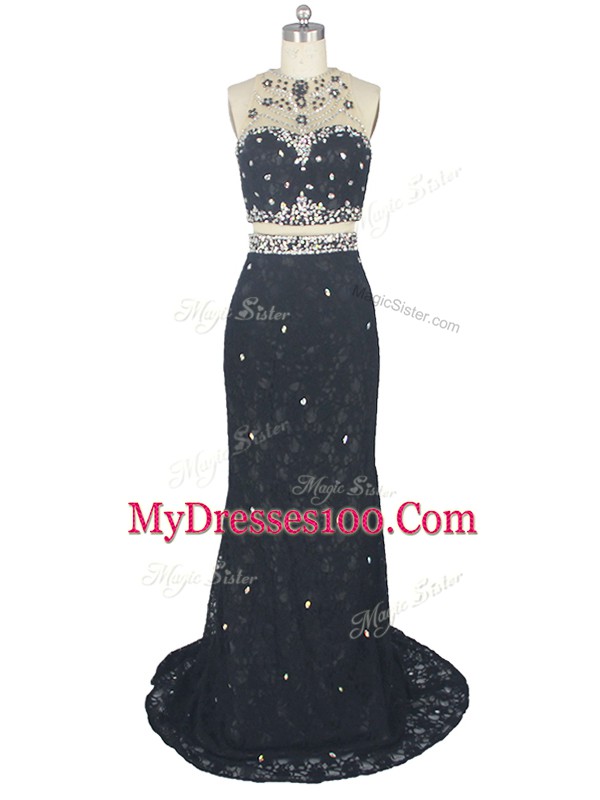 Black Prom Gown Prom and Party and Military Ball with Beading and Lace High-neck Sleeveless Brush Train Zipper