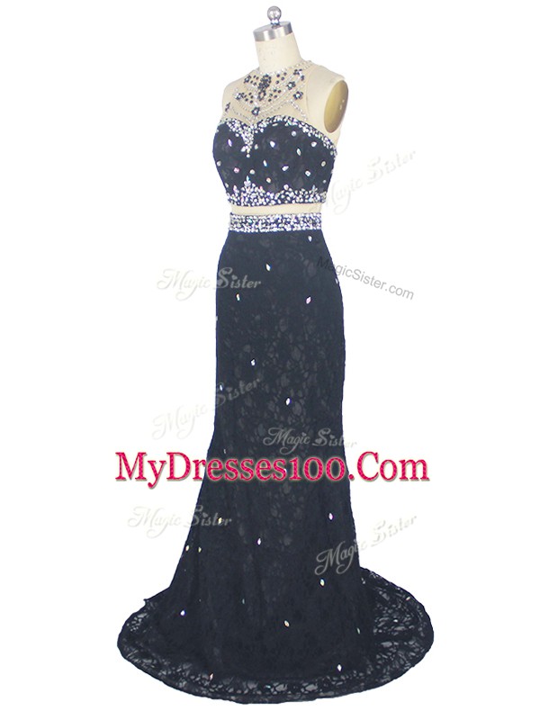 Black Prom Gown Prom and Party and Military Ball with Beading and Lace High-neck Sleeveless Brush Train Zipper