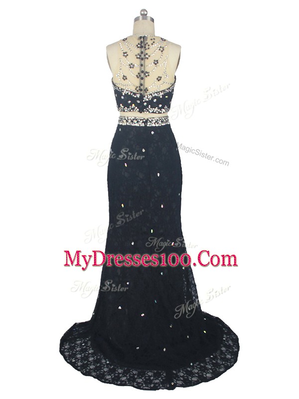 Black Prom Gown Prom and Party and Military Ball with Beading and Lace High-neck Sleeveless Brush Train Zipper