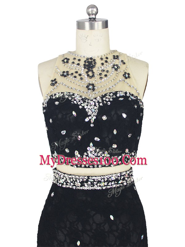 Black Prom Gown Prom and Party and Military Ball with Beading and Lace High-neck Sleeveless Brush Train Zipper