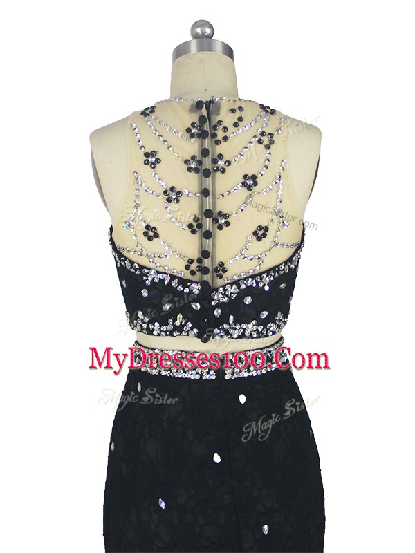 Black Prom Gown Prom and Party and Military Ball with Beading and Lace High-neck Sleeveless Brush Train Zipper