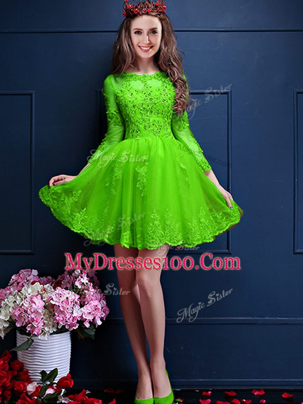 Amazing Scalloped 3 4 Length Sleeve Wedding Party Dress Mini Length Beading and Lace and Appliques Green Chiffon