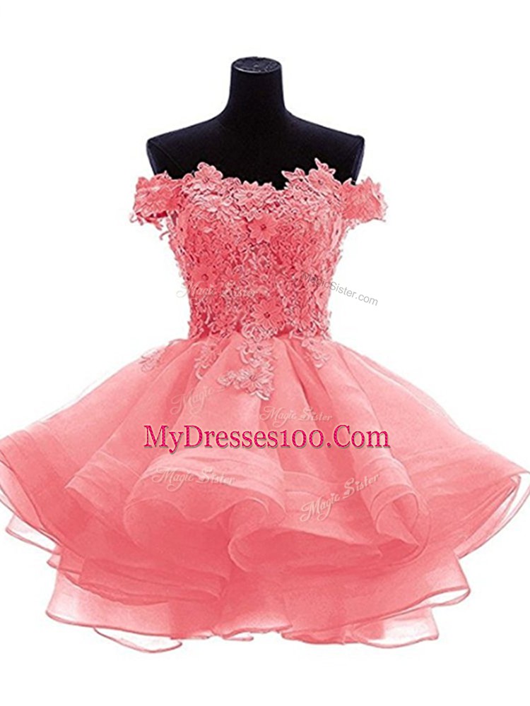 Watermelon Red A-line Beading and Lace and Appliques Zipper Organza Sleeveless Mini Length