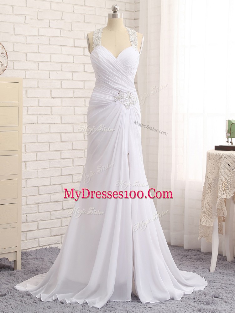 Romantic White Straps Side Zipper Beading and Ruching Wedding Dress Brush Train Sleeveless