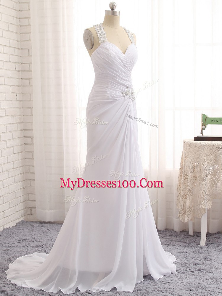 Romantic White Straps Side Zipper Beading and Ruching Wedding Dress Brush Train Sleeveless