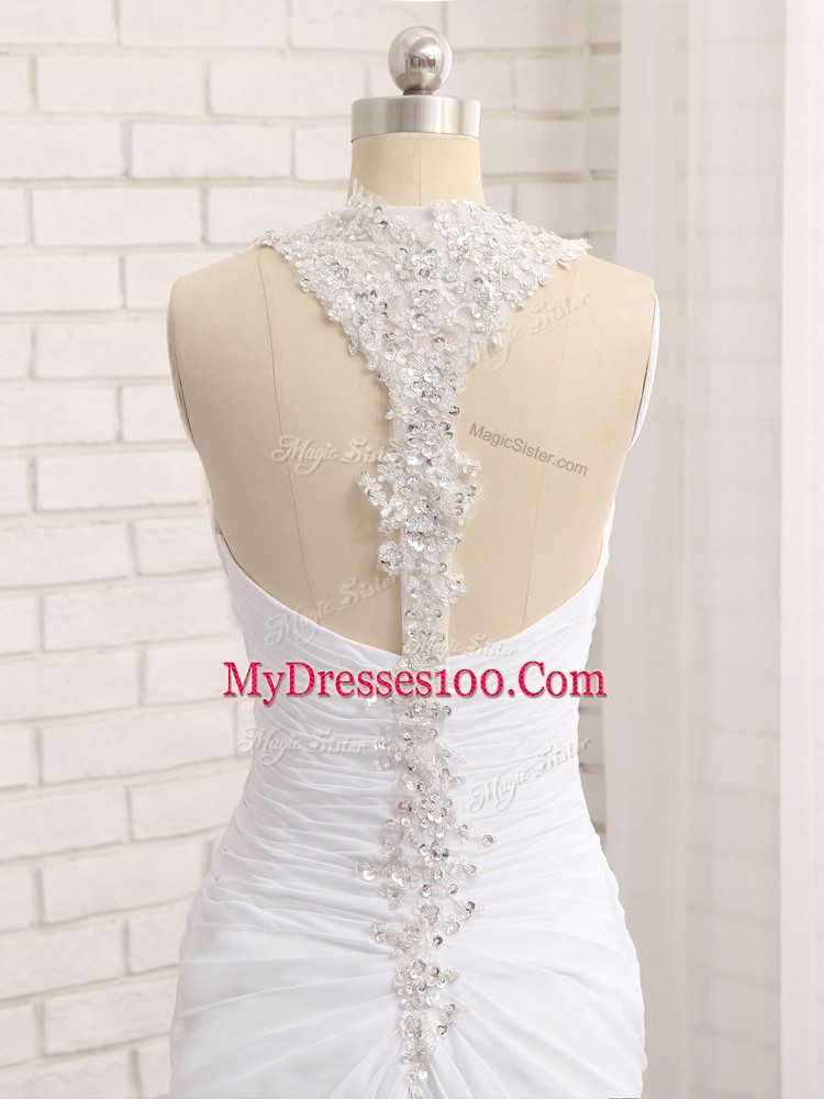 Romantic White Straps Side Zipper Beading and Ruching Wedding Dress Brush Train Sleeveless