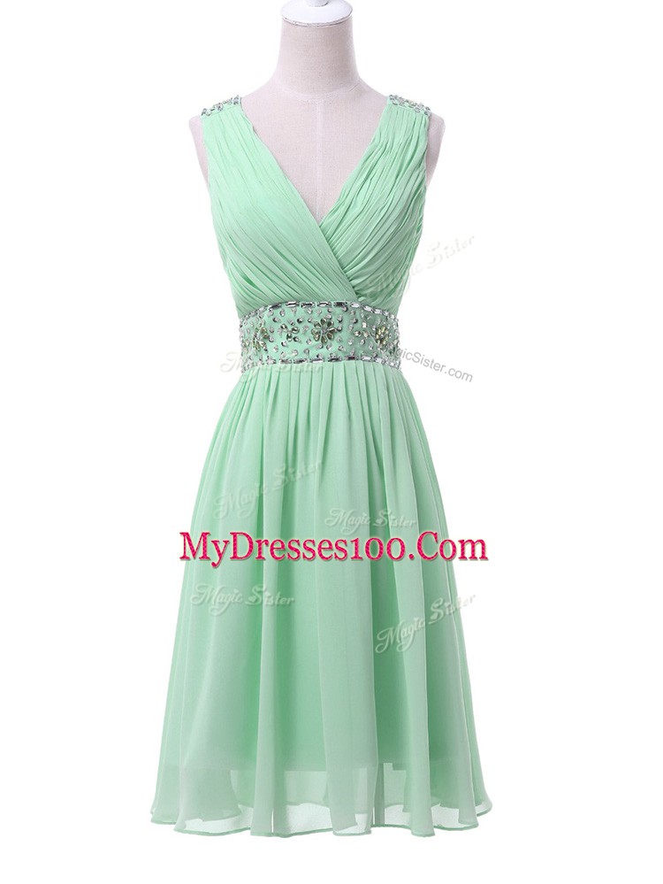 Empire Quinceanera Dama Dress Apple Green V-neck Chiffon Sleeveless Knee Length Zipper