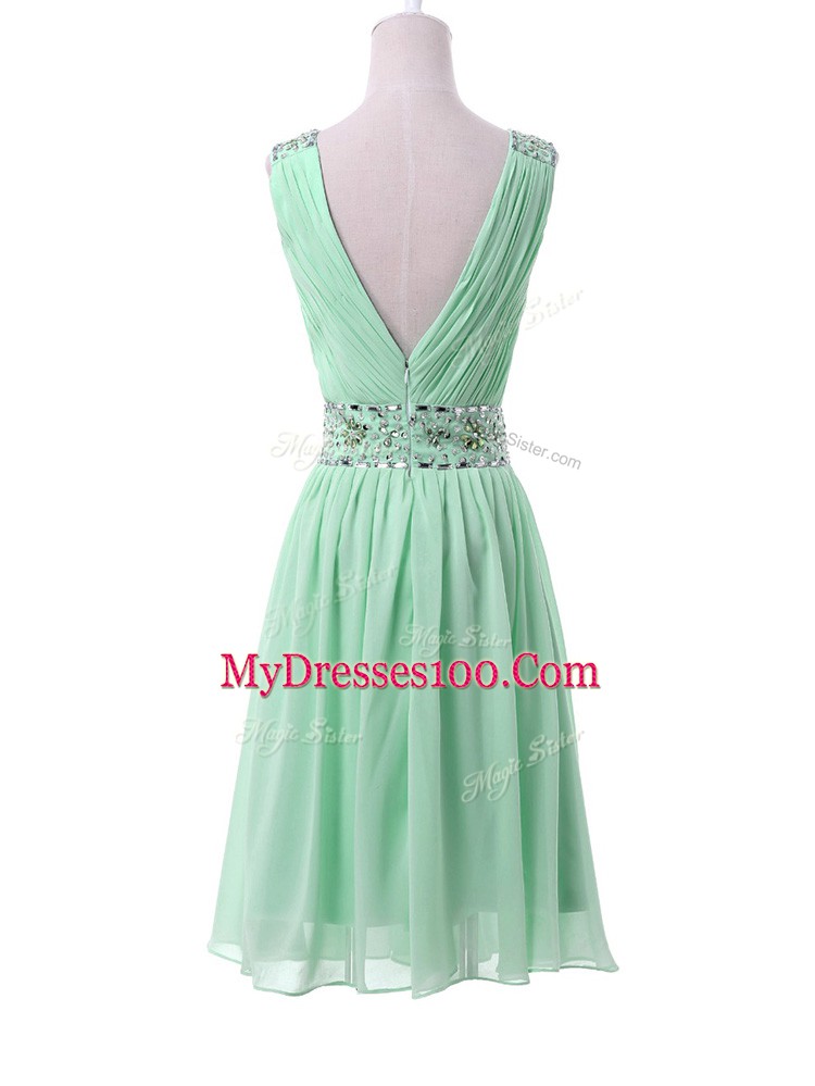 Empire Quinceanera Dama Dress Apple Green V-neck Chiffon Sleeveless Knee Length Zipper