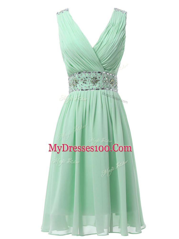 Empire Quinceanera Dama Dress Apple Green V-neck Chiffon Sleeveless Knee Length Zipper
