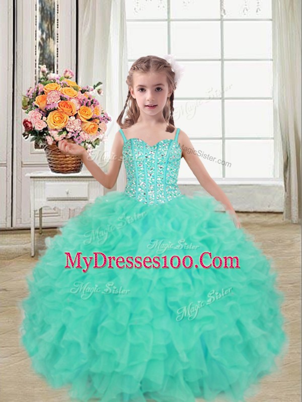 Charming Straps Sleeveless Pageant Gowns For Girls Floor Length Beading and Ruffles Turquoise Organza