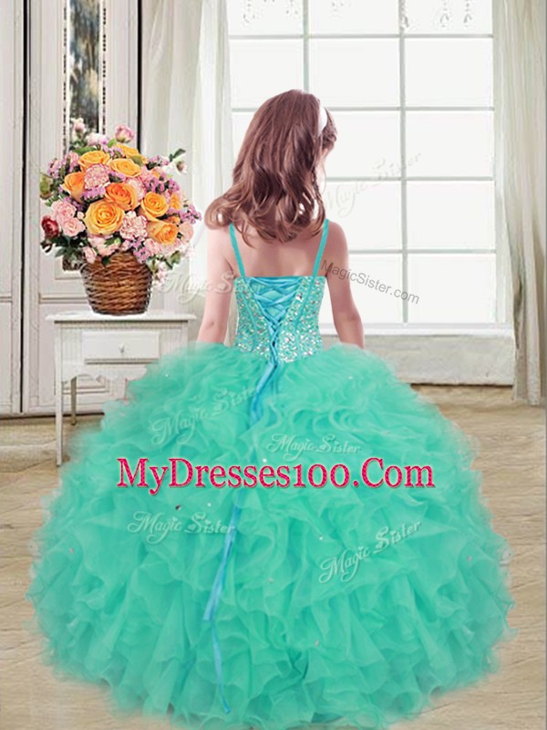 Charming Straps Sleeveless Pageant Gowns For Girls Floor Length Beading and Ruffles Turquoise Organza