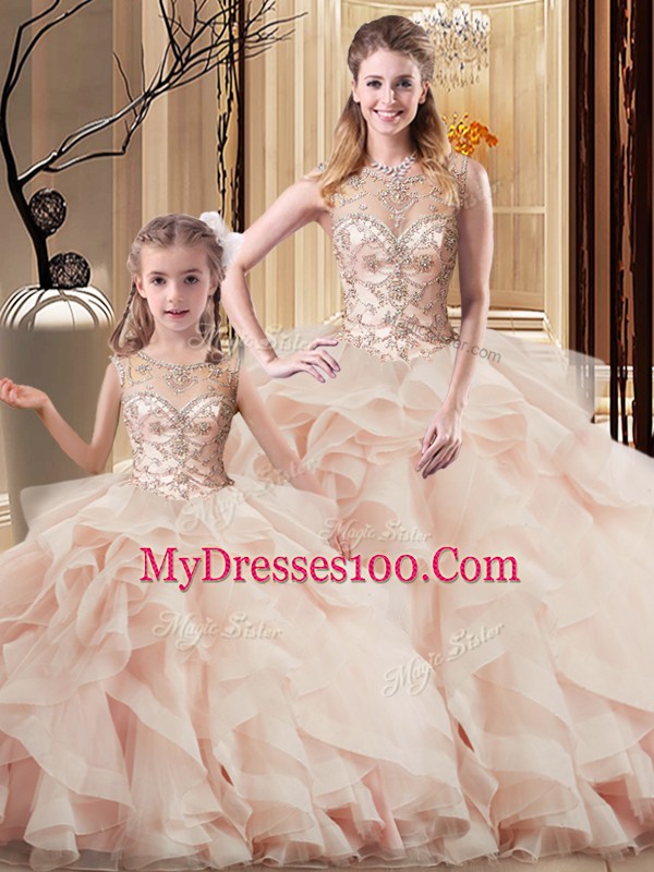 Enchanting Peach Tulle Lace Up Scoop Sleeveless Quinceanera Dress Brush Train Beading and Ruffles