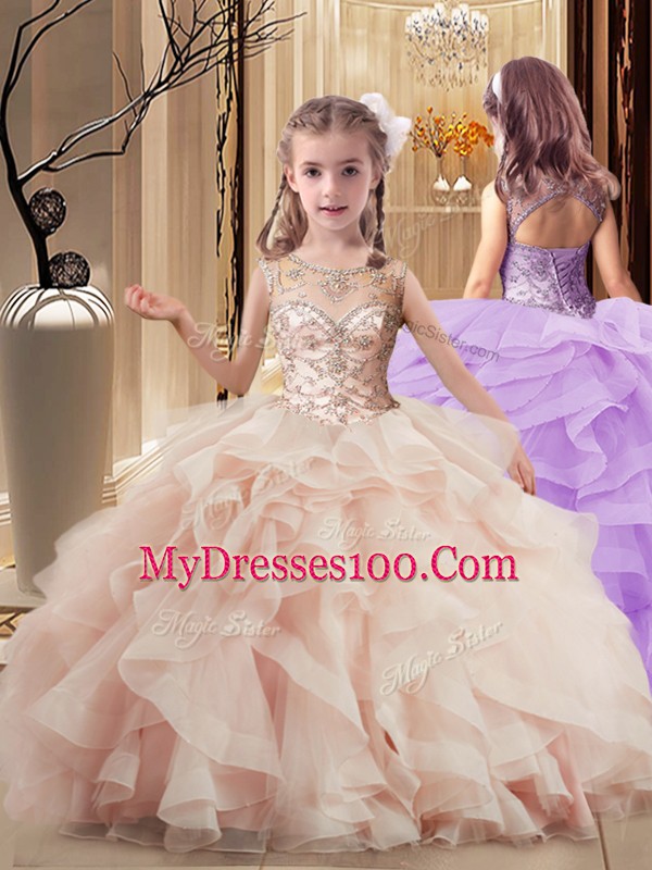 Enchanting Peach Tulle Lace Up Scoop Sleeveless Quinceanera Dress Brush Train Beading and Ruffles
