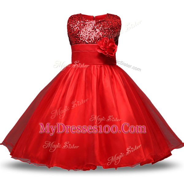 Ball Gowns Flower Girl Dresses Red Scoop Organza and Sequined Sleeveless Knee Length Zipper