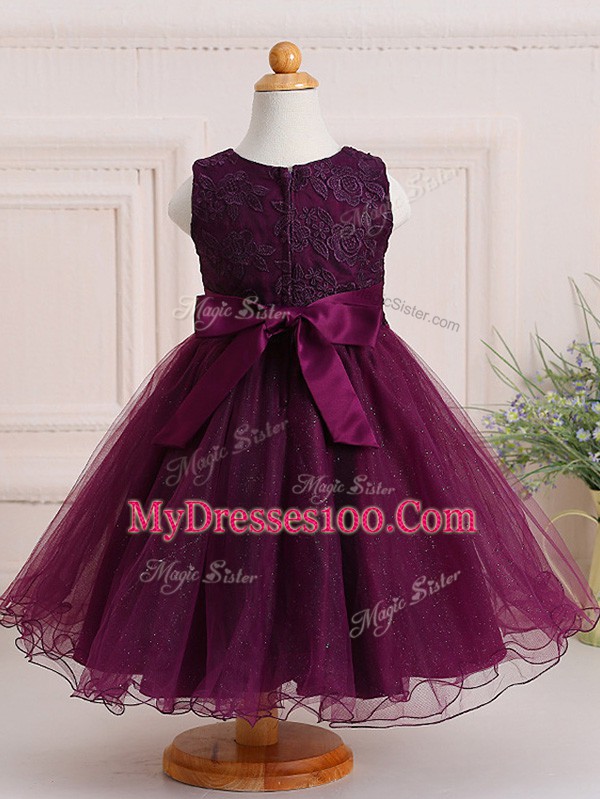 Burgundy Sleeveless Tulle Zipper Pageant Gowns For Girls for Wedding Party