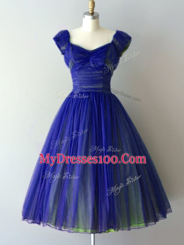 Elegant Royal Blue V-neck Lace Up Ruching Bridesmaid Dress Cap Sleeves