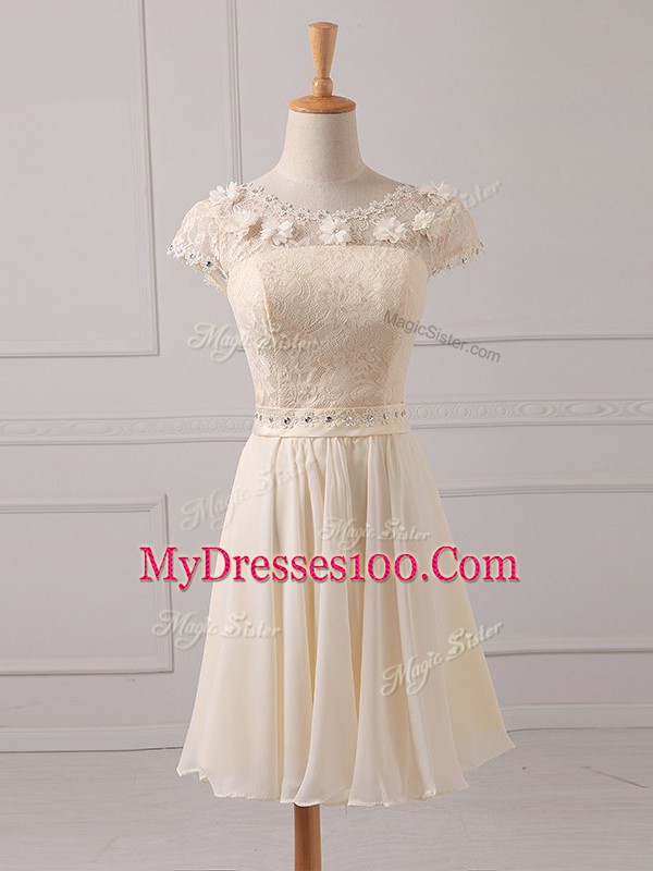 Delicate Champagne Chiffon Lace Up Quinceanera Dama Dress Cap Sleeves Mini Length Lace and Appliques
