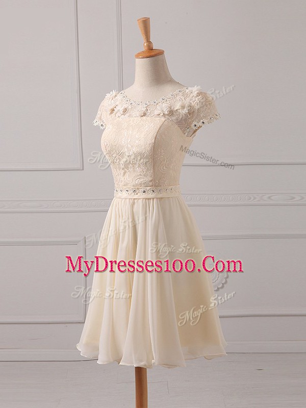 Delicate Champagne Chiffon Lace Up Quinceanera Dama Dress Cap Sleeves Mini Length Lace and Appliques