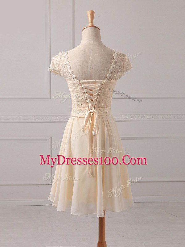 Delicate Champagne Chiffon Lace Up Quinceanera Dama Dress Cap Sleeves Mini Length Lace and Appliques