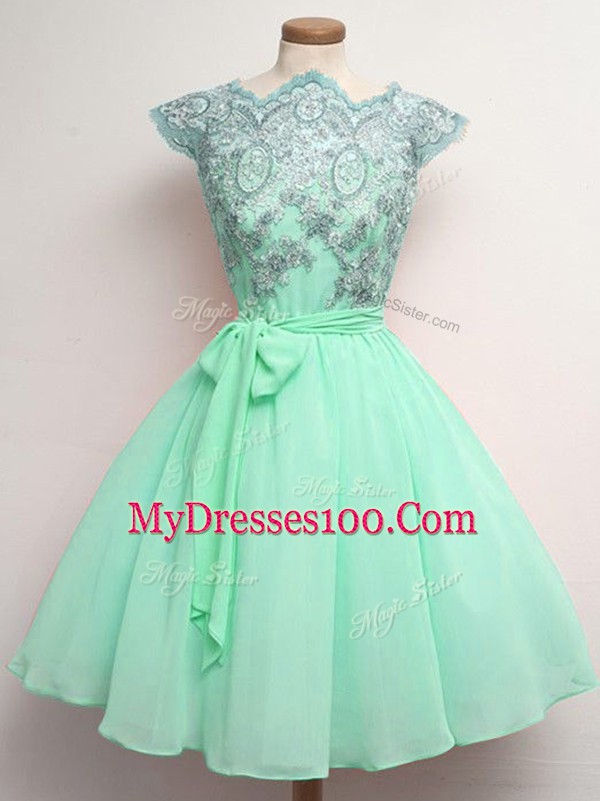 Apple Green A-line Scalloped Cap Sleeves Chiffon Knee Length Lace Up Lace and Belt Court Dresses for Sweet 16