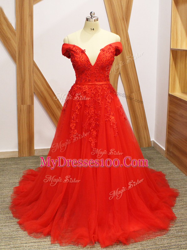 Sleeveless Tulle Brush Train Lace Up Dress for Prom in Coral Red with Lace and Appliques